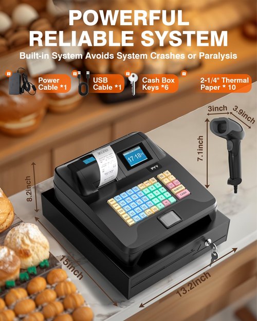 PYY Cash Register for Small Businesses - Electronic Commercial Caja Registradora para Negocio with Lock Cash Drawer Box and Scanner, 48 Keys, 8 Digital Dual Display for Retail Restaurant Supermarket