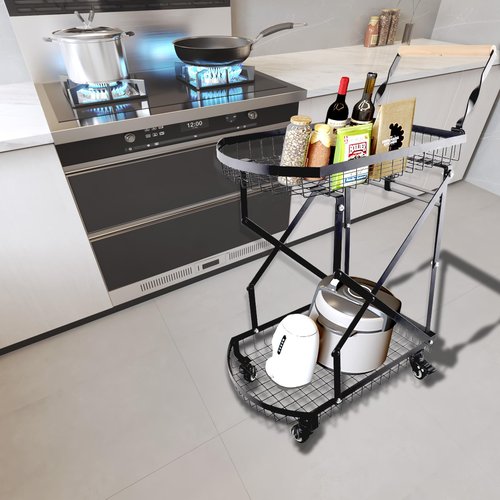 QAVODB Multi Functional Collapsible Carts, 2-Tier Foldable Storage Cart Metal Utility Cart with 360° Rolling Swivel Wheels Folding Kitchen Storage Organzier Cart for Classroom Bedroom Living Room