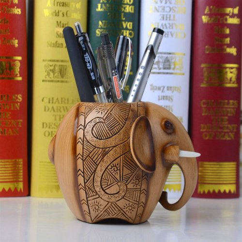 Cute Fashion Resin Creative Wood Carving Carved Elephant Style Pencil Pen Holder (Ivory)