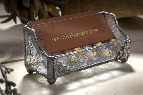 J Devlin Glass Art Stained Glass Business Card Holder – CRD 104 – Handcrafted Desk Accessory for Office, Reception, or Home Workspace – Decorative Glass Card Display Stand