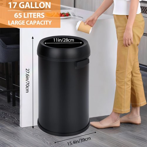 GarveeHome 17 Gallon/65 Liter Open Top Trash Can, Stainless Steel Rubbish Bin, Commercial Grade Waste Container, Round Garbage Can for Outdoor, Home Office, Restaurant, Black
