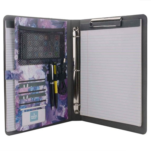 XIAOZHI Professional Portfolio, Floral Painting PU Leather Binder Padfolio, Business Planner Organizer with 3-Ring Binder, Purple, 9.5 x 9.5 x 12.8