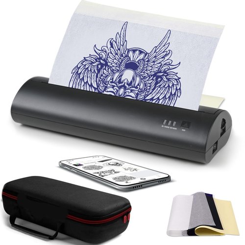 QIKIZAXE Wireless Tattoo Transfer Printer, Stencil Machine with 10pcs Transfer Paper, Portable Rechargeable Tattoo Thermal Copier, Compatible for iOS ＆ Android Phone,Laptop & iPad (Storage Box Set)