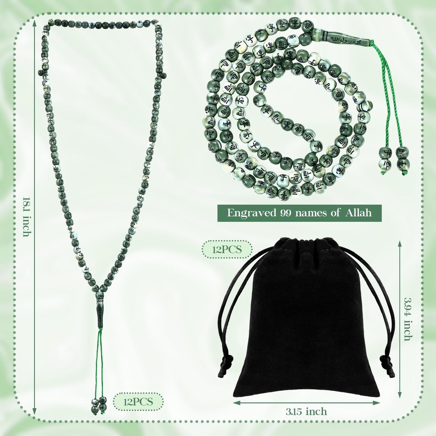 Ferreve 12 Sets Muslim Tasbih 99 Rosary Prayer Beads 8mm Islam with Allah Names Engraved for Muslim Gift, Islamic Ceremony Religious Gift for Men and Women(Green)