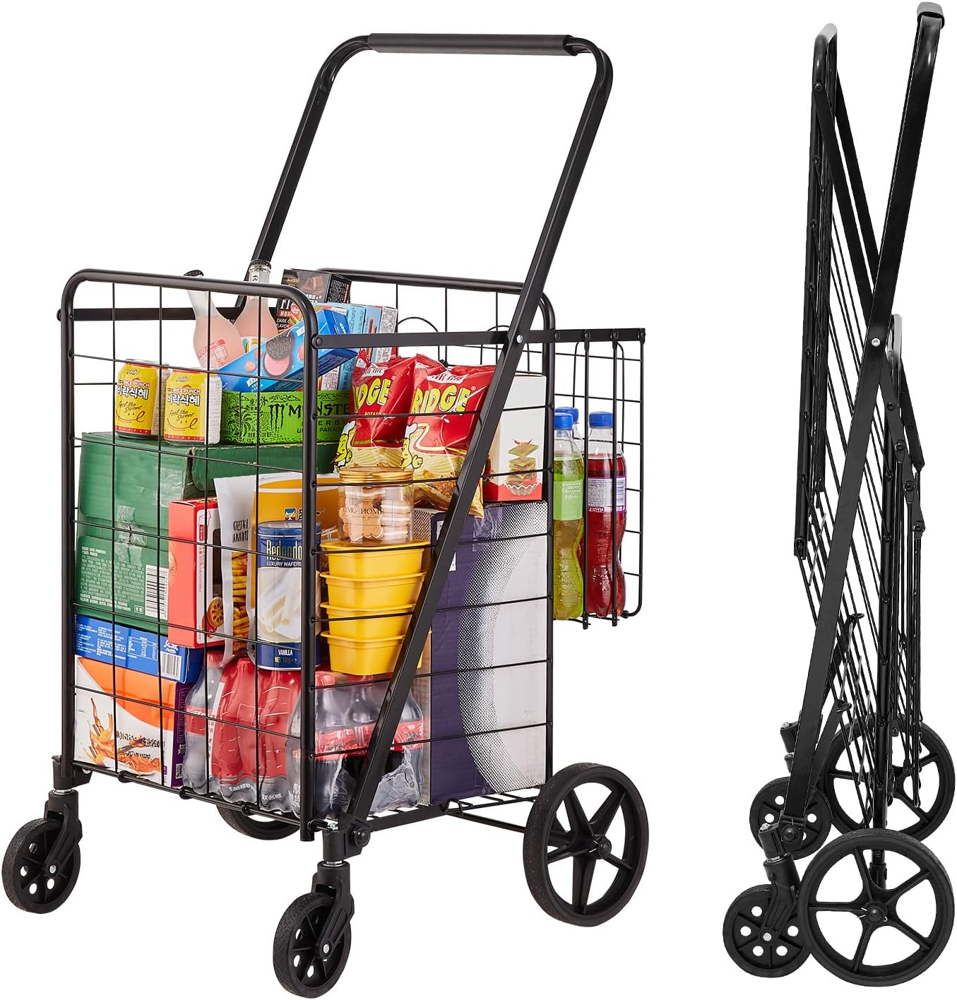 VEVOR Jumbo Grocery Cart - Heavy Duty Folding Shopping Cart with Double Baskets & 360° Swivel Wheels | 110 LBS Capacity, Black
