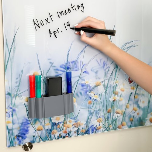 Glassboard Studio Magnetic Dry Erase Marker Holder - Super Strong for Magnetic Glass Whiteboard or Fridge - 2 Large Neodymium Magnets - No Slip Grip - Eco-Friendly PLA Plastic (Steel Gray, KIT)