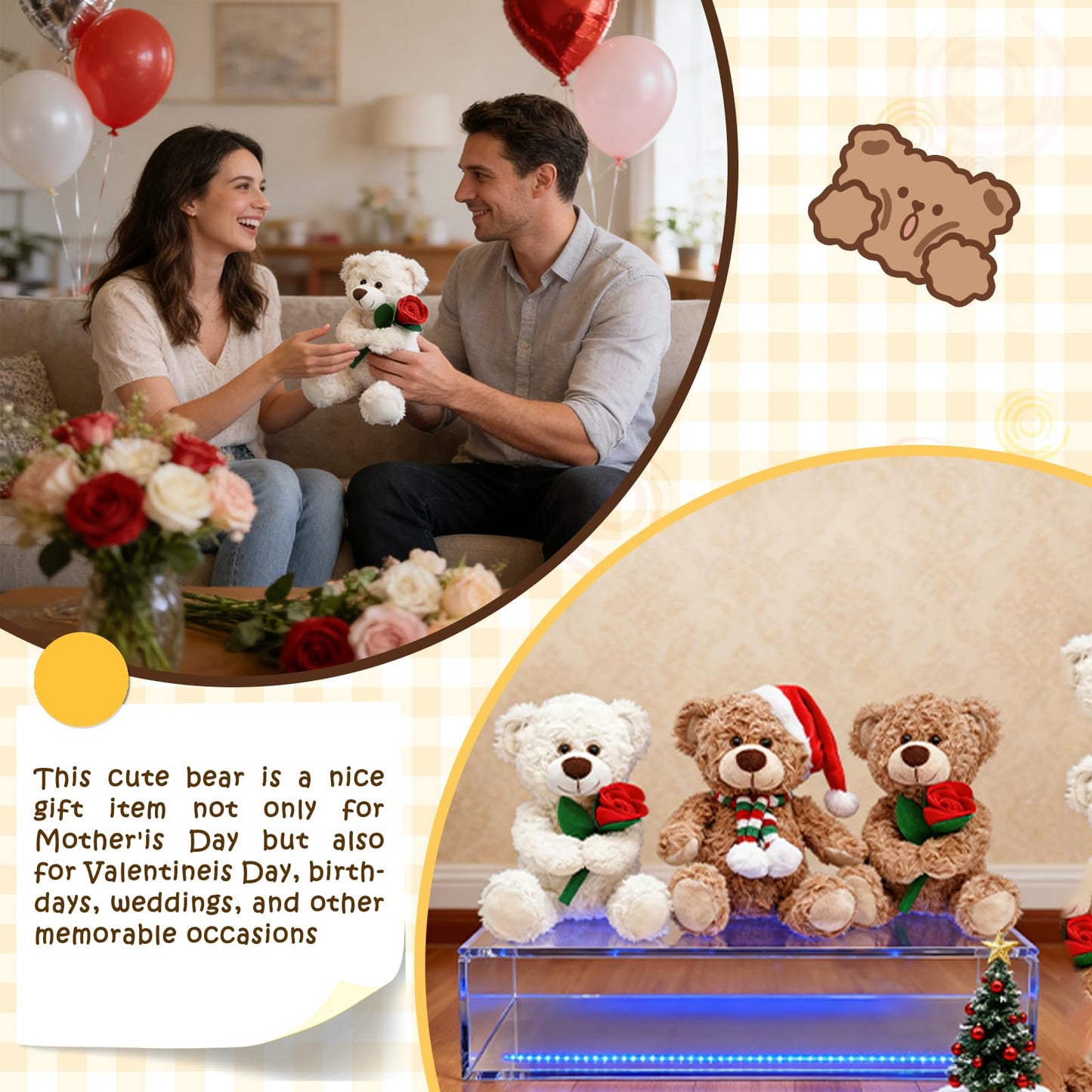 Bakalizoo 12'' Stuffed Teddy Bear Dolls with Rose, Soft Plush Animal Toys for Her/Girlfriend Lover Mom Kids Gifts (White/Rose)