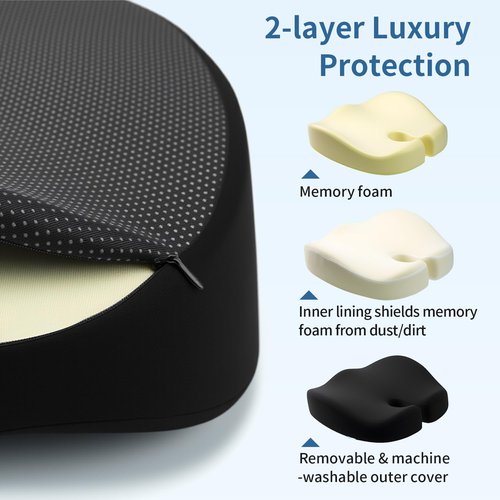 HANQIMER Dense Memory Foam Seat Cushion for Tailbone Pain Relief - Orthopedic Coccyx Support for Hemorrhoid & Sciatica - Fits Wooden/Office Chairs & Home