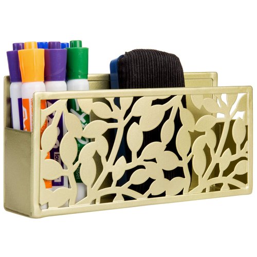 MyGift Magnetic Dry Erase Marker Holder Brass Metal for Whiteboard,Dry Erase Markers and Accessories Storage Basket Organizer with Floral Cutout Design