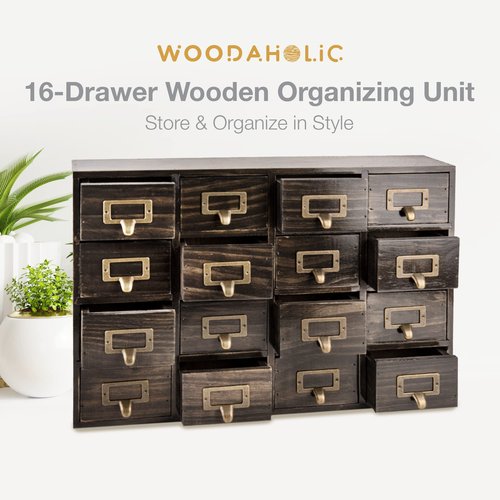 Dark Ash 16-Drawer Card Catalog Artisan Drawer Chest - 20"x3.6"x14" - Desktop Apothecary Crafted in Solid Wood, Curating Timeless Order - A 4-Tiered Storage with Label Holders & Handles for Your Table