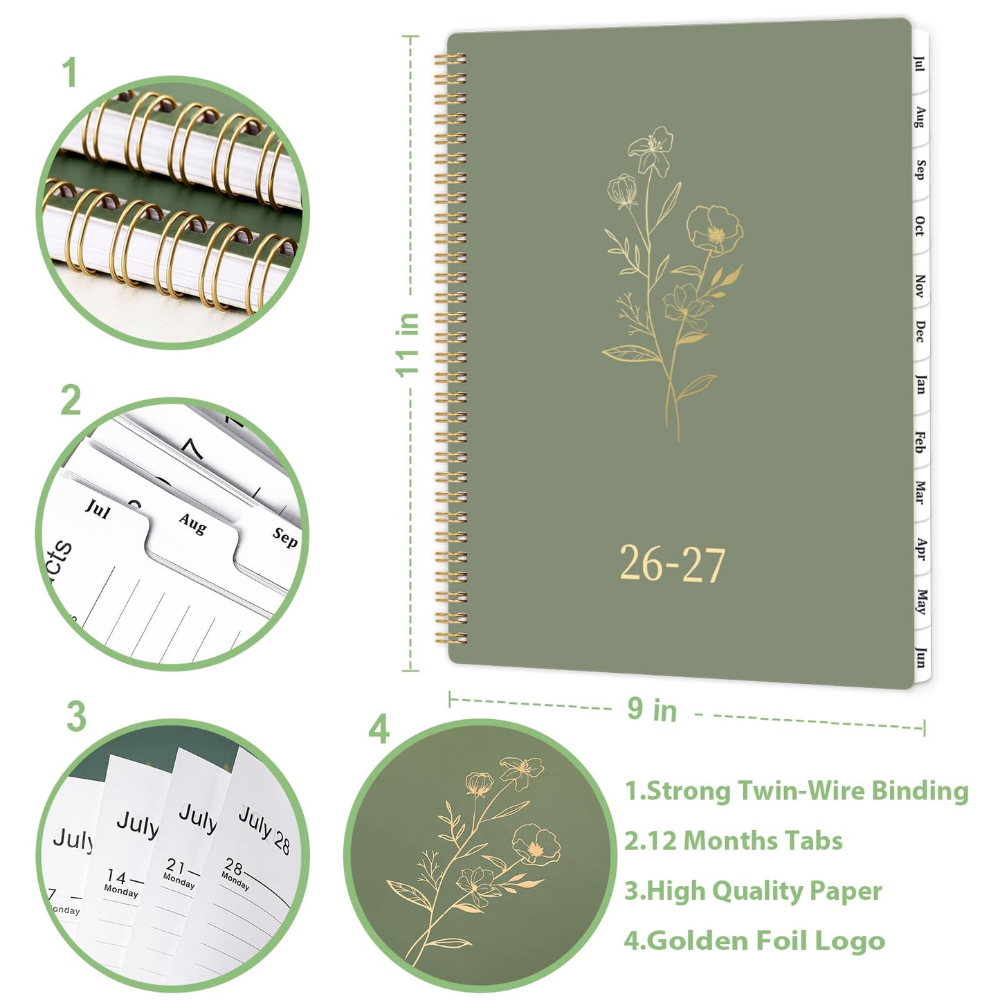 Planner 2026-2027 - 2026-2027 Planner Weekly and Monthly with Tabs, 9’’ × 11’’, July 2026 - June 2027, Hardcover, 12 Monthly Tabs, Premium Paper, Twin-wire Binding, Inner Pocket