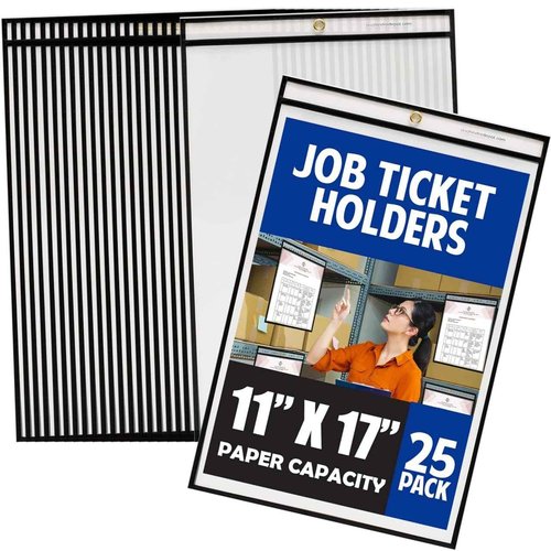 Office Werks Stitched Job Ticket Holder 11 x 17 Inch, Clear Work Order Plastic Sleeves Holder, Document Print Holders, Perfect for Attaching to Machinery, File Cabinets, Racking & Hanging, 25 Pack