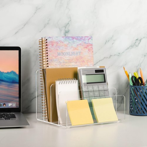MaxGear Acrylic File Holder, 4 Section Desk Organizer for Envelopes, Letters, Documents, Notebooks, and Electronics, Clear Vertical File Sorter