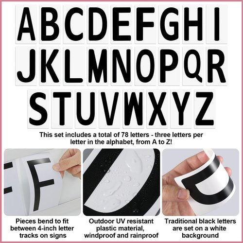 Resurhang 78 Pcs Replacement Letters for White Message Board Sidewalk Signs Outdoor Plastic Changeable Letters for Yard Signs with 4 Inch Tracks, 3 of Each A to Z Black on White Background