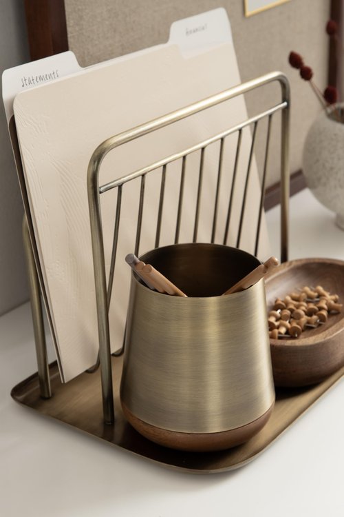 Kate and Laurel Koni Modern Three-Piece Home Office Organization Set, 13 x 8 x 9, Walnut Brown and Antique Brass, Wood and Metal Organizational Set for Office with File Folder Holder