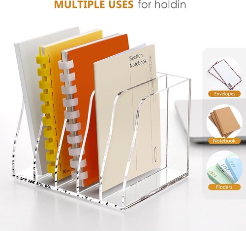 SANRUI Acrylic Desk File Organizer - Clear Magazine Holder with 5 Vertical Compartments for Office Storage