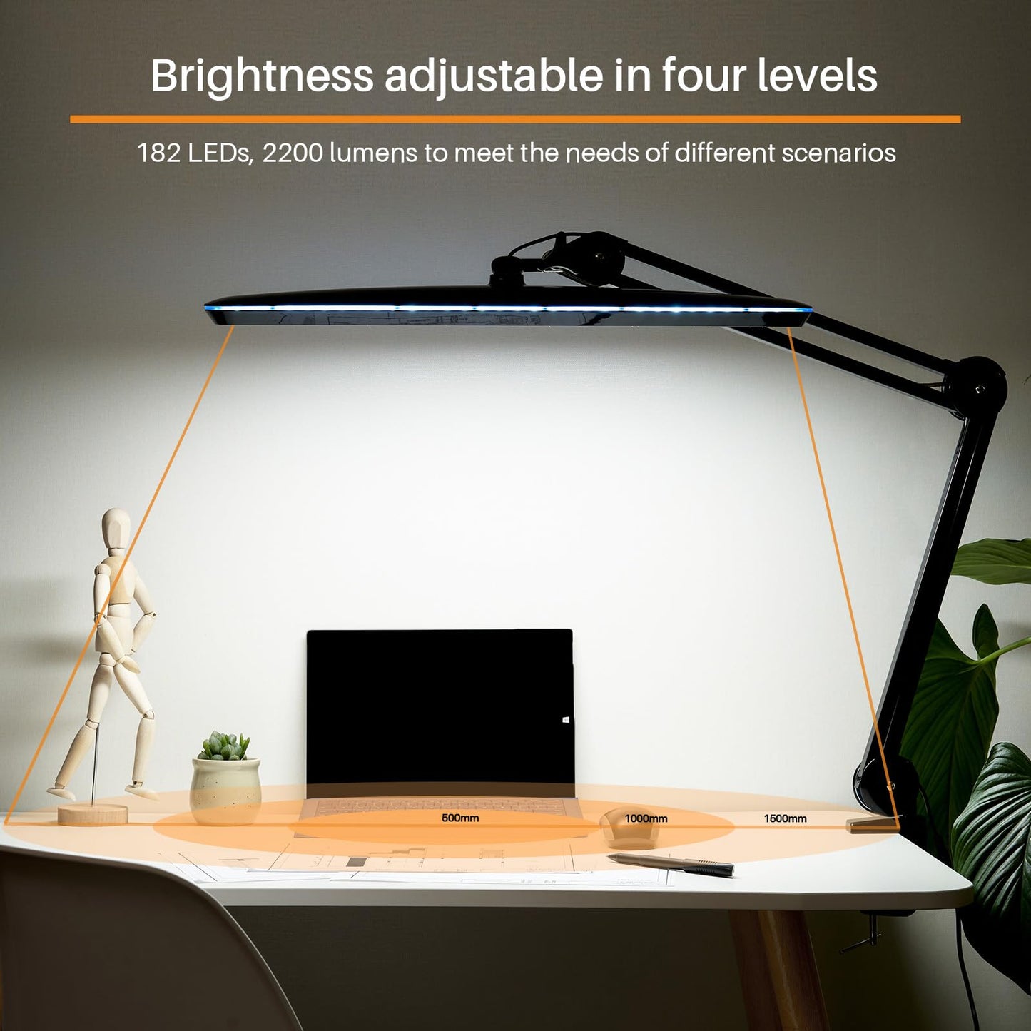 bemelux Task Lamp with Clamp, 23 Inch Lamp Head, Bright 182PCS LEDs,3 Color Temperatures, 4 Brightness Levels, Metal Swing Arm 20W 2200 Lumen Dimmable Led Desk Lamp (Black, CCT)