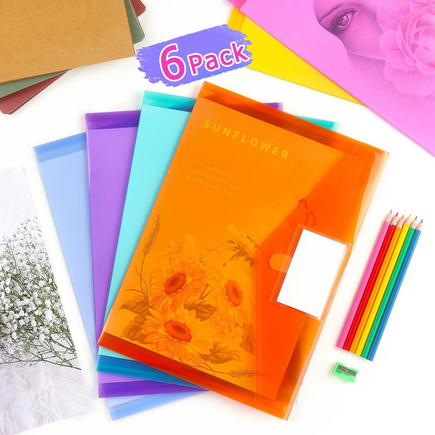 Tamaki 6 Pack Plastic Envelopes Poly Envelope Folder Clear Document Plastic File Folders Organization with Hook & Loop Closure, Letter Size/A4 Size, Envelope Folders for School Office