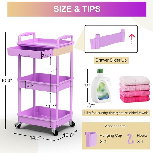 Goovilla 3-Tier Rolling Utility Cart - Sturdy Purple Organizer with Removable Drawer & Lockable Wheels