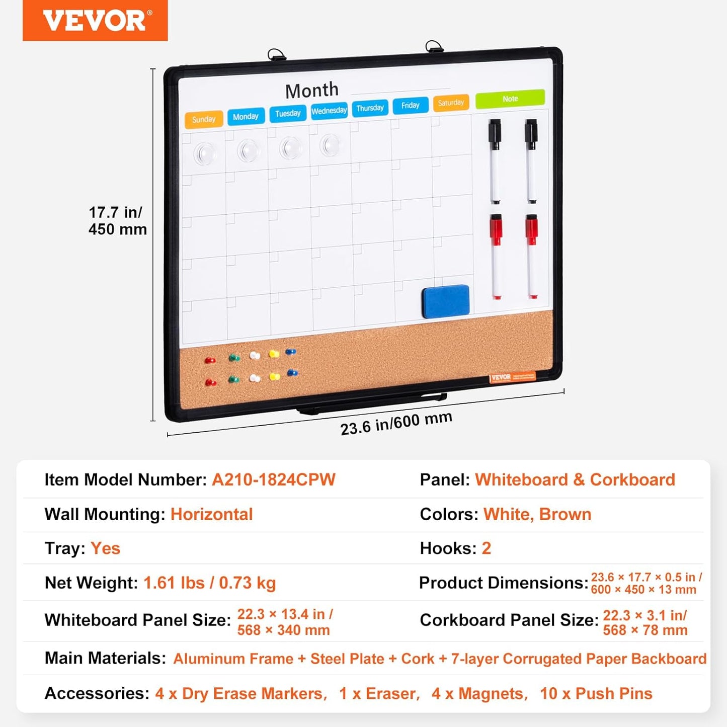 VEVOR Monthly Calendar Whiteboard & Cork Board Combo - 24"x18" Magnetic Dry Erase Bulletin Board for Home, Office, School