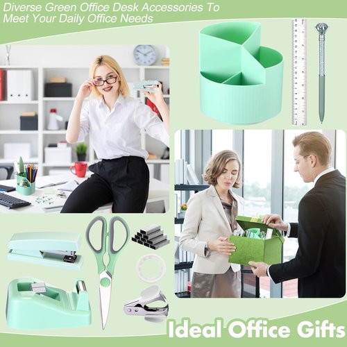 Marspark Sage Green Office Desk Accessories 12 Pcs Office Supplies Set 360° Rotating Pen Holder, Stapler, Tape Dispenser, Scissor, Sticky Notes, Binder Clips, Desk Organizers Gift for Home School