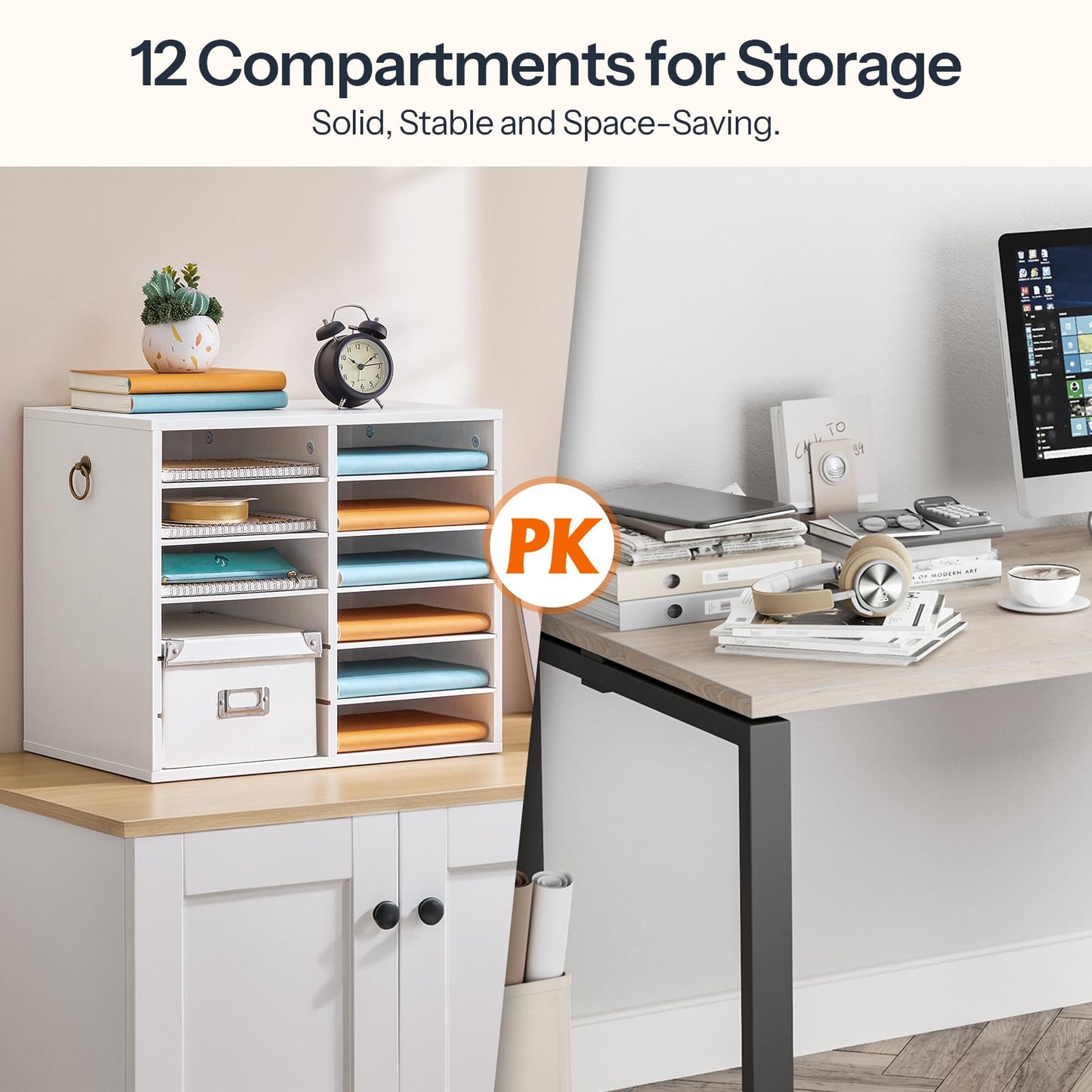 HOOBRO Literature Organizers, 12 Compartments Office Mailbox with Adjustable Shelves, Wood Countertop Literature Sorter for Office, Home, Classroom, Mailrooms Organization White WT12WF01