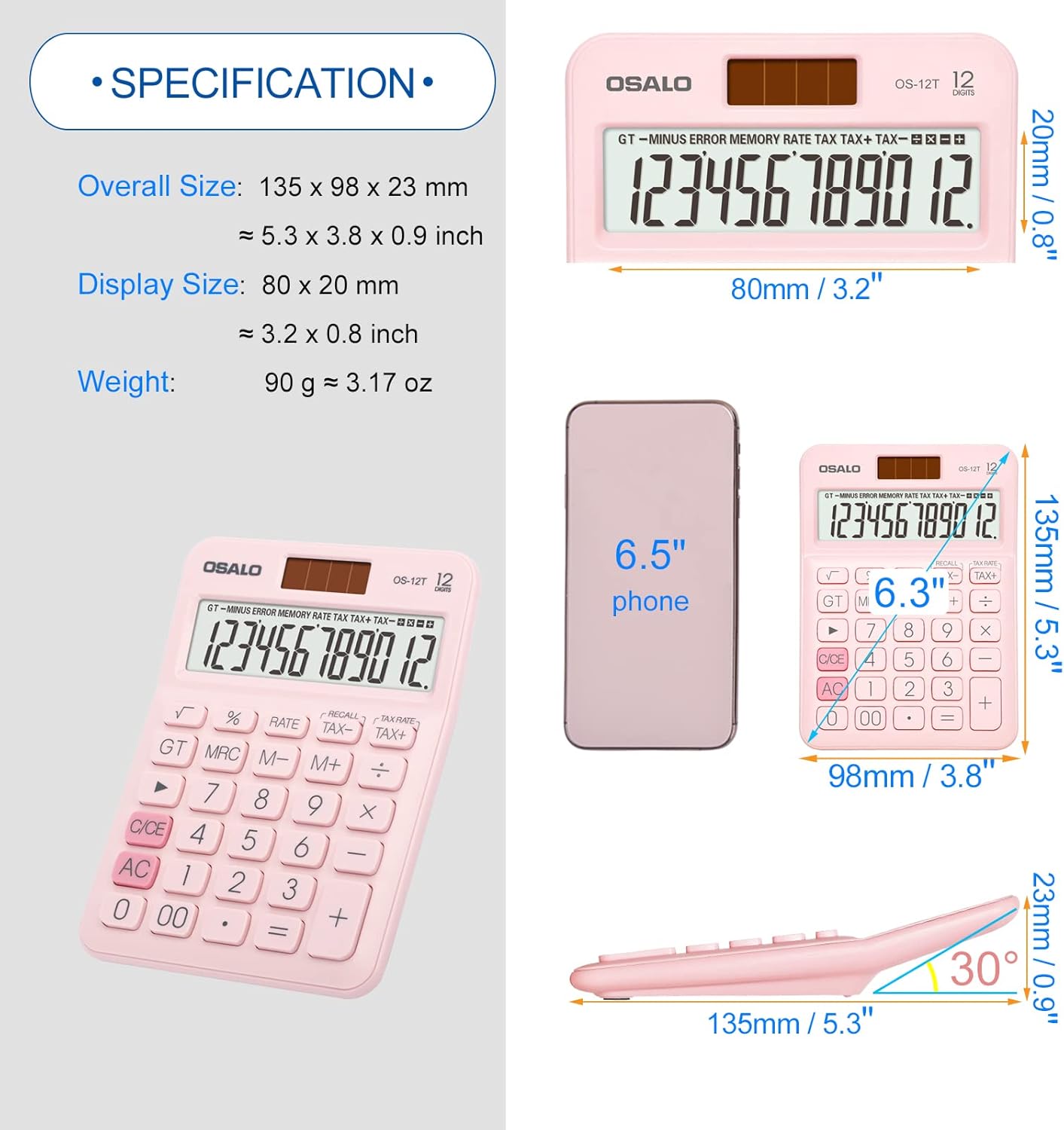Skiennix Pocket Desk Calculator - 12 Digit LCD Display | Solar & Battery Power, Compact Size (Pink)