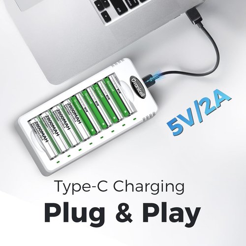 Granicell 8 Bay Battery Charger - High-Speed USB Charging for AA & AAA Ni-MH/Ni-CD Batteries
