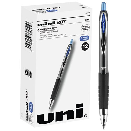 Uniball Signo 207 Pink Ribbon Gel Pen 12 Pack, 0.7mm Medium Black Pens, Gel Ink Pens & Uniball Signo 207 Gel Pens, 0.7mm Medium Blue, 12 Pack - Smooth Writing Office Supplies