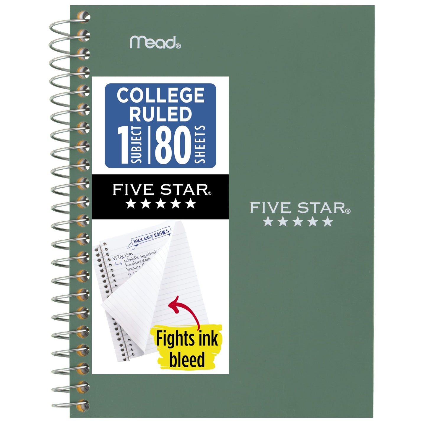 Five Star Spiral Notebook, 1 Subject, College Ruled Paper, 4-3/8" x 7", Personal Size, 80 Sheets, Fights Ink Bleed, Water Resistant Cover, Seaglass Green (450048CH1-ECM)