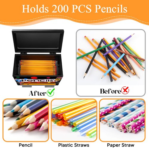 Black Pencil Dispenser for Classroom, Stainless Steel Pencil Dispenser Bulk Pencil Holder for Desk, with 50 Pencils 3 Stickers 1 Metal Pen Holder 1 for Bulk Pencils Storage Classroom Home Office
