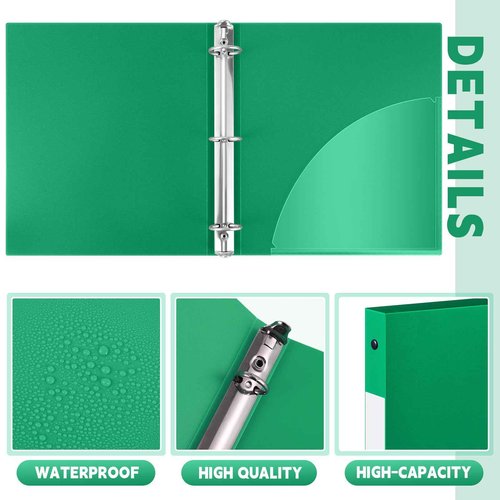 Henoyso 36 Pcs 3 Ring Binder 1/2'' Round Fits Letter Size 8. 5'' x 11'' Paper Plastic Flexible Binder Holds 100 Sheets with 1 Pockets Versatile Organizer for Office Home School (Green)