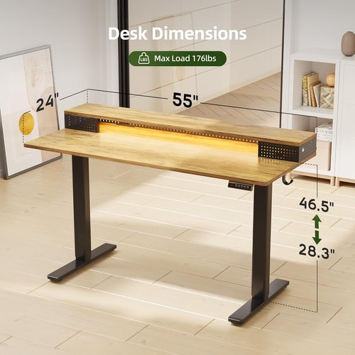 Claiks Electric Standing Desk - 55 Inch Height Adjustable with LED Lights & Monitor Stand | Black Frame/Rustic Brown Top