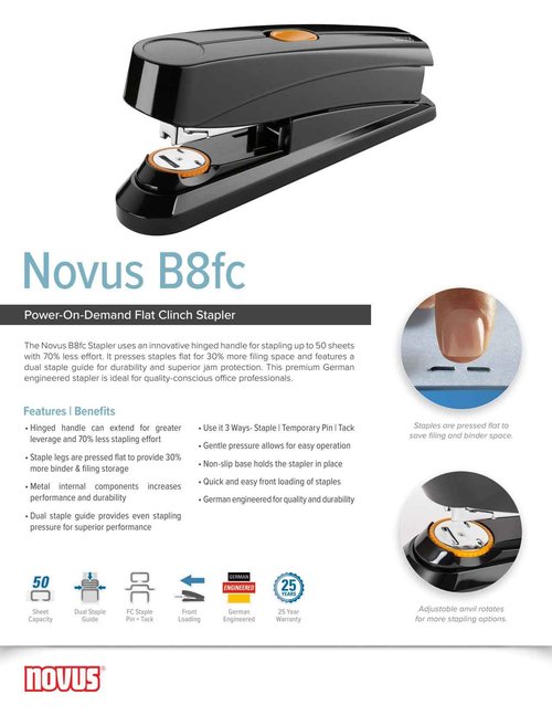 Novus B8fc Flat Clinch Stapler, 70% Less Effort, 50 Sheet Capacity, Dual Staple Guide, German Engineered, Staple|Pin|Tack, Black (020-1673)