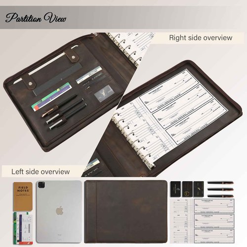 GZRHKJ 7 Ring Business Checkbook Binder, Genuine Leather Zipper Check Binder, 600 Checks Capacity for 9 x 13 Inch Sheet, Personalized Engraved