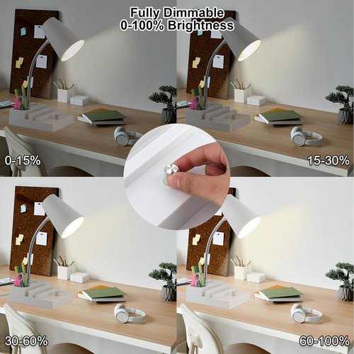 LALISU LED Study Desk Lamp - Gooseneck Design with USB Charging & Stepless Dimming | White