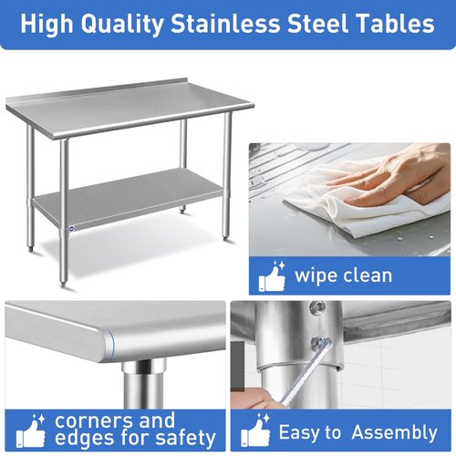 ROCKPOINT Stainless Steel Table for Prep & Work with Backsplash 14x24 Inches, NSF Metal Commercial Kitchen Heavy Duty Table with Adjustable Under Shelf and Table Foot for Restaurant, Home and Hotel