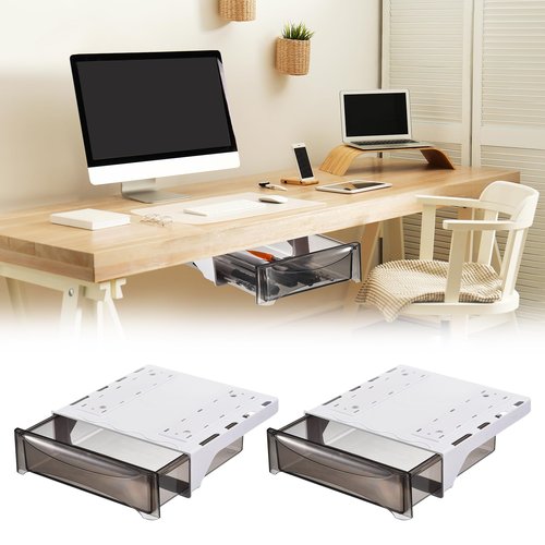 uxcell Under Desk Drawer, 2Pcs - Plastic Self-Adhesive Under Desk Storage Organizer, Slide Out Stationery Storage for Office Home (Black, 245x245 MM)
