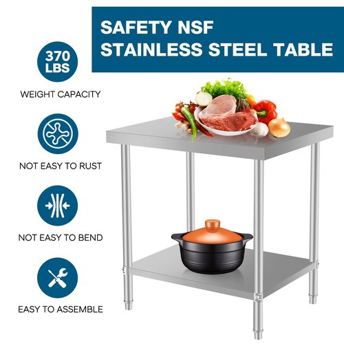 Stainless Steel Table for Prep & Work with Adjustable Undershelf, 24"x24" Heavy Duty Table for Commercial Kitchen, Outdoor, Restaurant, Hotel & Garage