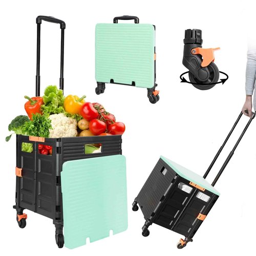 Quick Utility Cart Folding Portable Rolling Crate Handcart with Lid with Durable Heavy Duty Plastic Telescoping Handle Collapsible 4 Rotate Wheels for Travel Shopping Moving Luggage Office Use-Green