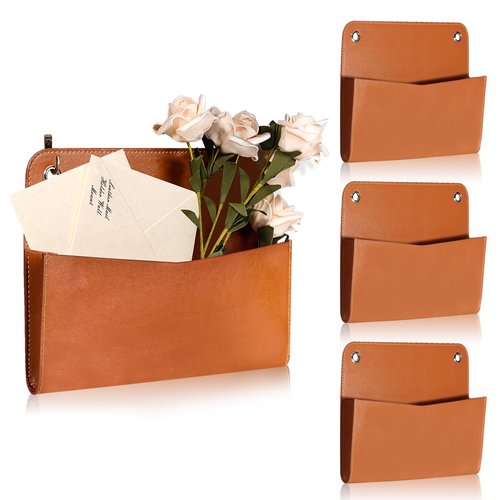 3 Pcs PU Leather Mail Holder Wall Mount Brown PU Leather Letter Holder Vintage Wall File Organizer 2 Ring Binder Hanging File Holder for Decor Storage Letter Postcards Bill Flowers Office Home