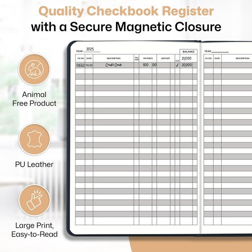 Luxury Magnetic Closure Checkbook Register – 10" x 7", PU Leather, Gold Foil Imprint, 3 Bookmark Ribbons, 64 Double-Sided Pages, Thick 120 GSM Paper, 3,584 Entries, Large Print, Lay-Flat Design