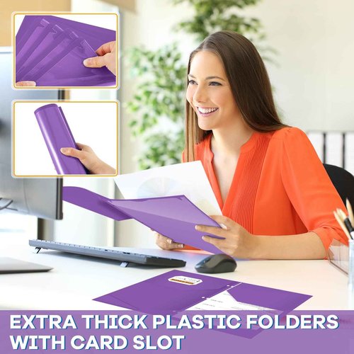 Henoyso 24 Pack Plastic Folders with Clear Front Pocket Back to School Heavy Duty File Folders with 2 Pockets and Card Slot for Student School to Home Supply, Office, Teachers (Purple)