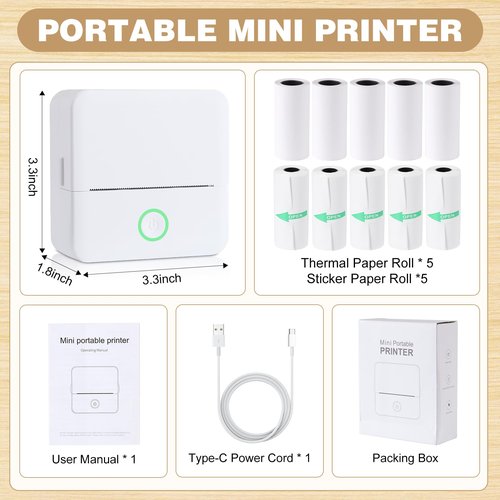Print Pods Mini Printer, Thermal Inkless Sticker Maker with 10 Rolls Printing Paper, Pocket Printpod for phone, Impresora Portátil for Notes, Flashcards, Journal, DIY, Compatible with iOS & Android