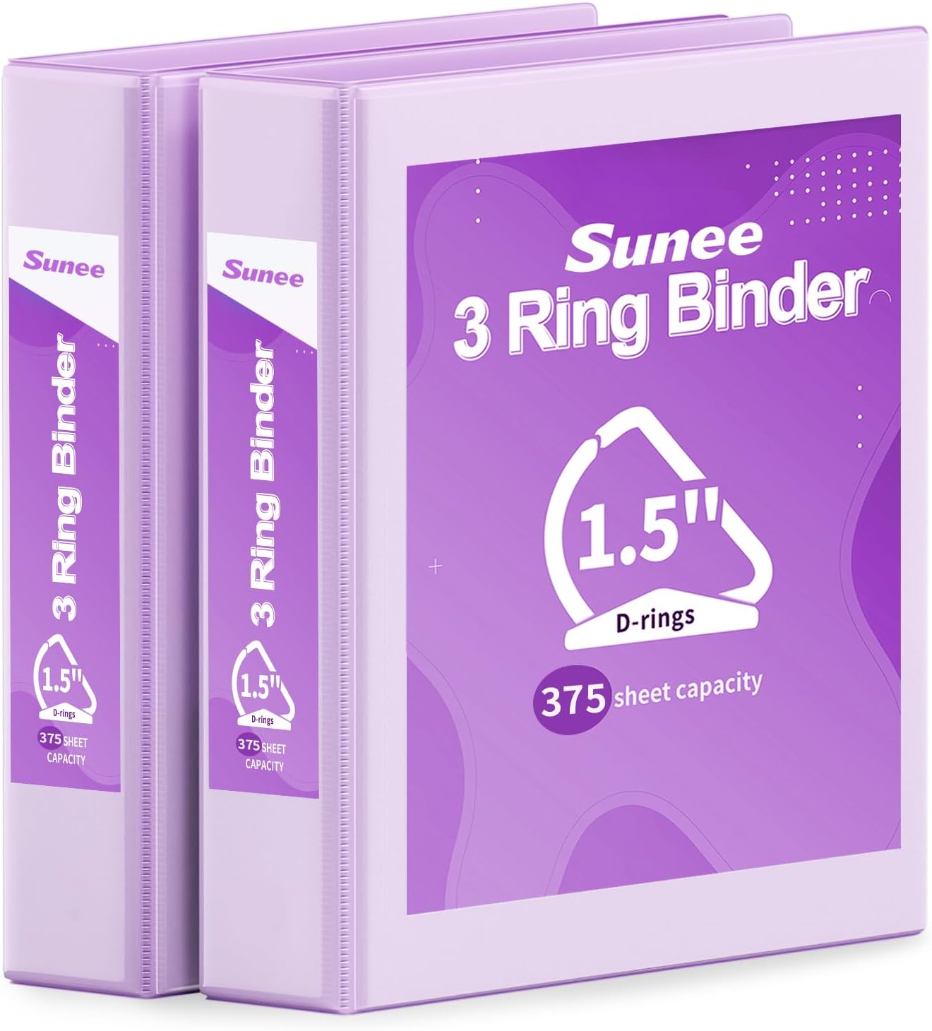 SUNEE 3 Ring Binder - 1.5 Inch D Ring, PVC-Free Clear View - Light Purple, 2 Pack for School & Office
