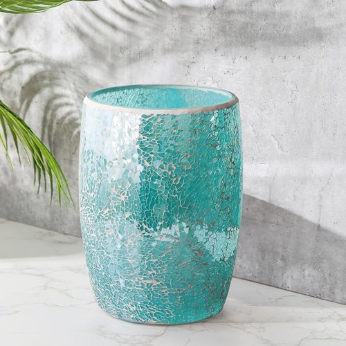 Escenzy Modern Bathroom Trash Can Mosaic Glass 5L | 7" x 10" | Decorative Small Garbage Can | Luxury Waste Basket for Restroom, Office, Bedroom & Kitchen | Shiny Turquoise Green Bathroom Accessories