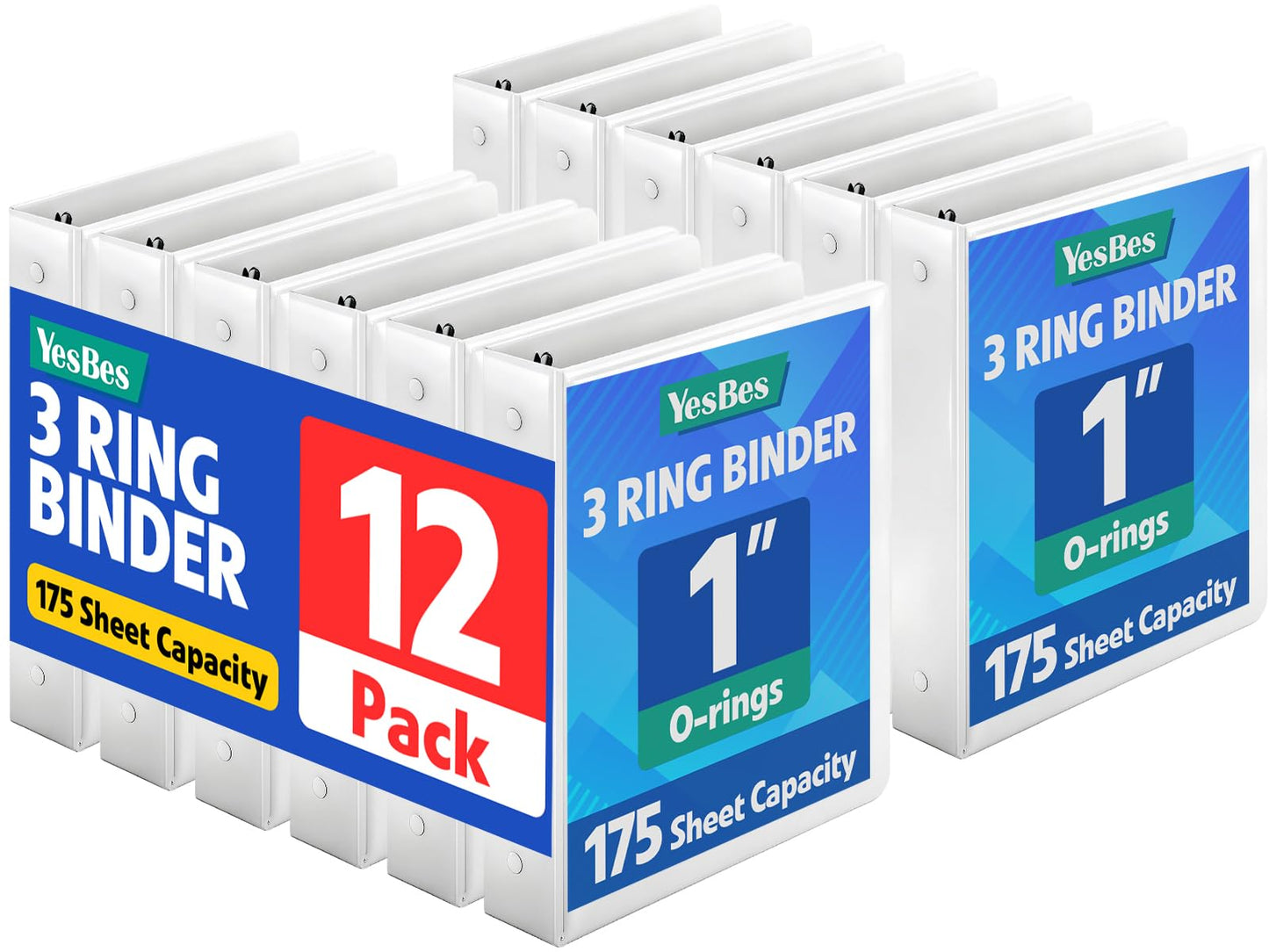12 Pack 3 Ring Binder, 1 Inch Binders 3 Ring with 2 Pockets, Round Rings Holds 175 Sheets Fits 11" x 8.5" US Letter Size, School, Office Supplies, White