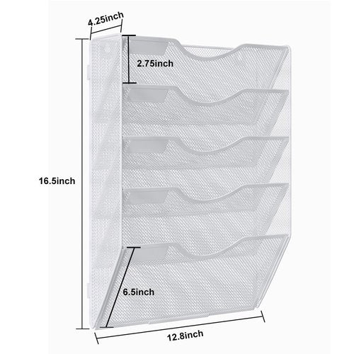 PAG Hanging Wall File Holder, 5 Tier Mail Sorter for Wall, Mesh Office Wall Organizer For Papers/Folders/Files Clipboard & Magazine, White