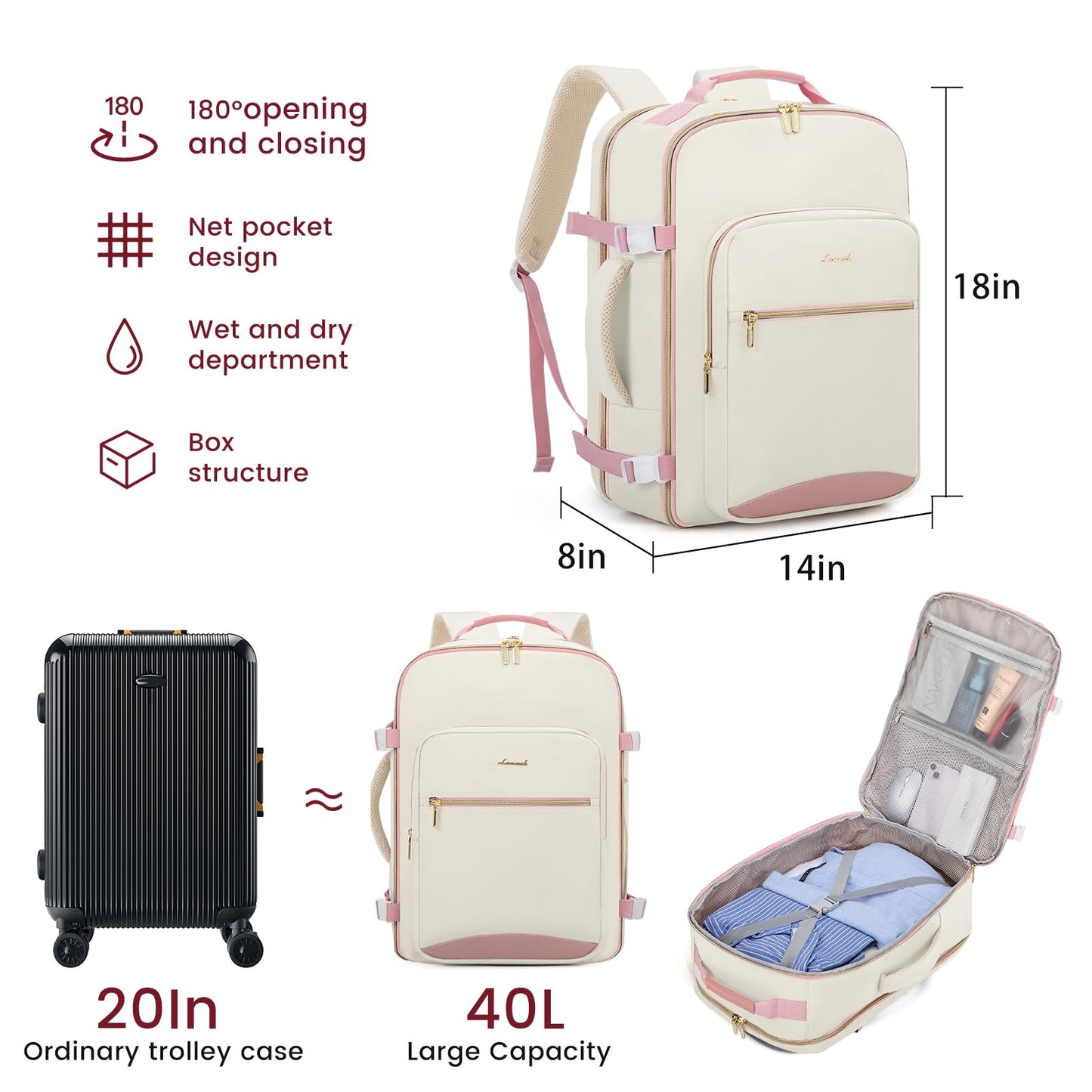 LOVEVOOK 40L Large Travel Backpack for Women Men, 17 Inch Carry on Backpack for Traveling on Airplane, Personal Item Travel Bag Airline Approved, Business Causal Weekender Backpack, Beige-Pink