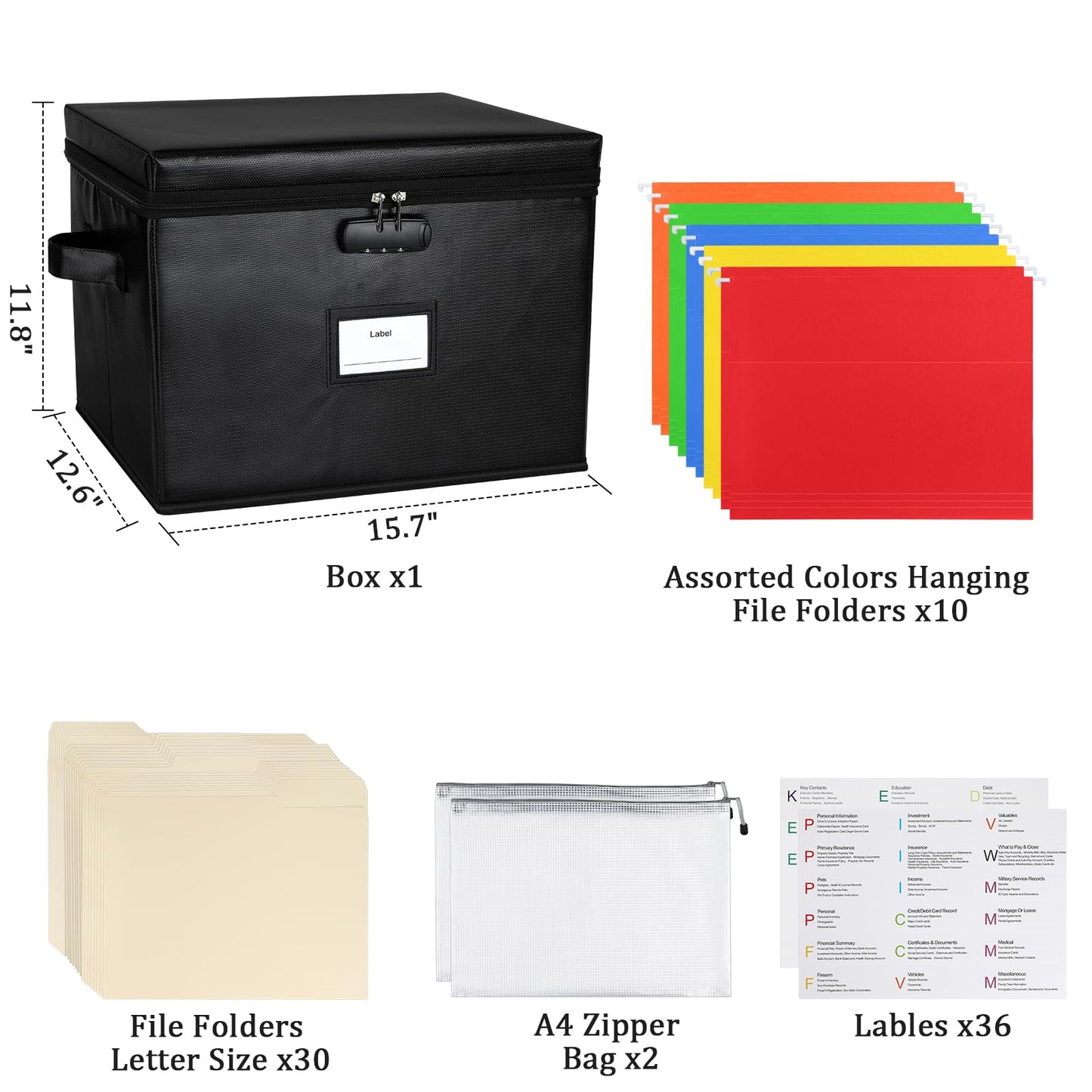 File Box Fireproof Document Box with Lock, Document Safe File Storage Organizer Boxes for Next of Kin Estate Planing Organizer End of Life Planner (Box With Accessories, Black)